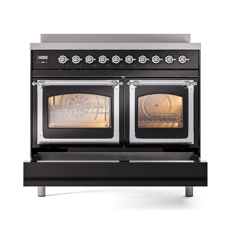 ILVE 40-Inch Nostalgie II Noblesse Induction Range with Triple Glass Door in Glossy Black with Chrome Trim (UNDI406NMPBKC)