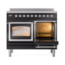 ILVE 40-Inch Nostalgie II Noblesse Induction Range with Triple Glass Door in Glossy Black with Chrome Trim (UNDI406NMPBKC)
