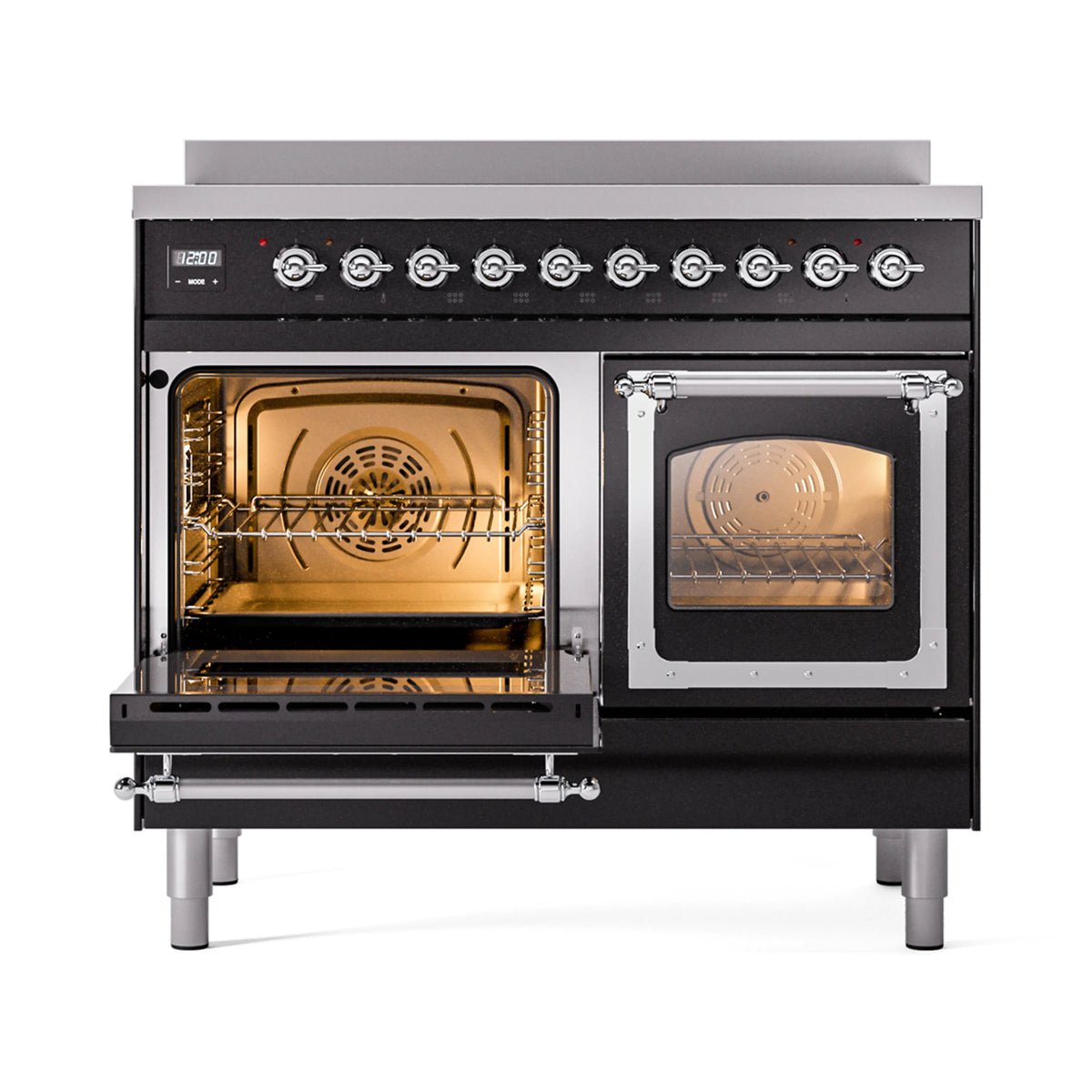 Glossy black induction range with both ovens open, interior racks visible and chrome trim