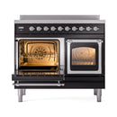 ILVE 40-Inch Nostalgie II Noblesse Induction Range with Triple Glass Door in Glossy Black with Chrome Trim (UNDI406NMPBKC)