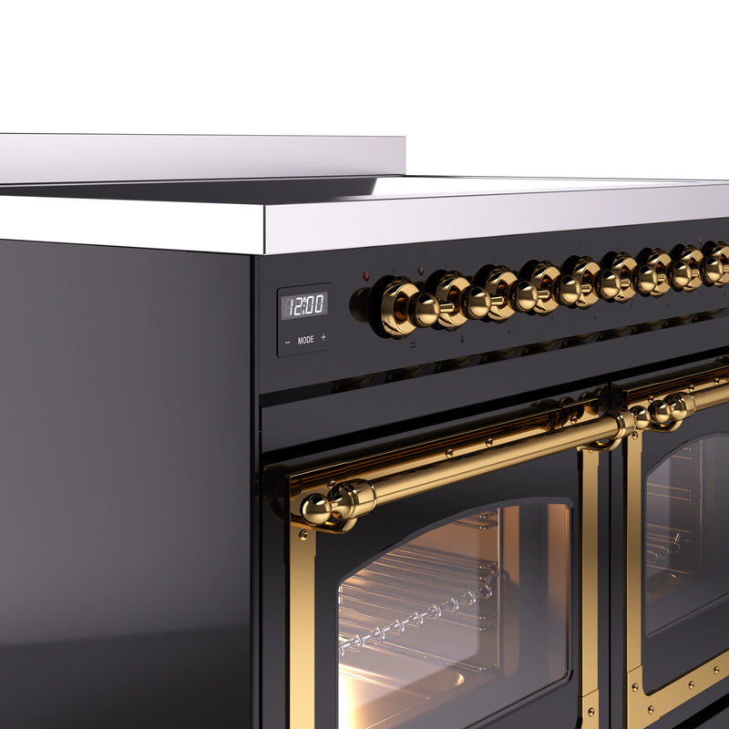 ILVE 40-Inch Nostalgie II Noblesse Induction Range with Triple Glass Door in Glossy Black with Brass Trim (UNDI406NMPBKG)
