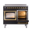 ILVE 40-Inch Nostalgie II Noblesse Induction Range with Triple Glass Door in Glossy Black with Brass Trim (UNDI406NMPBKG)