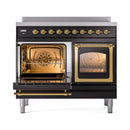 ILVE 40-Inch Nostalgie II Noblesse Induction Range with Triple Glass Door in Glossy Black with Brass Trim (UNDI406NMPBKG)