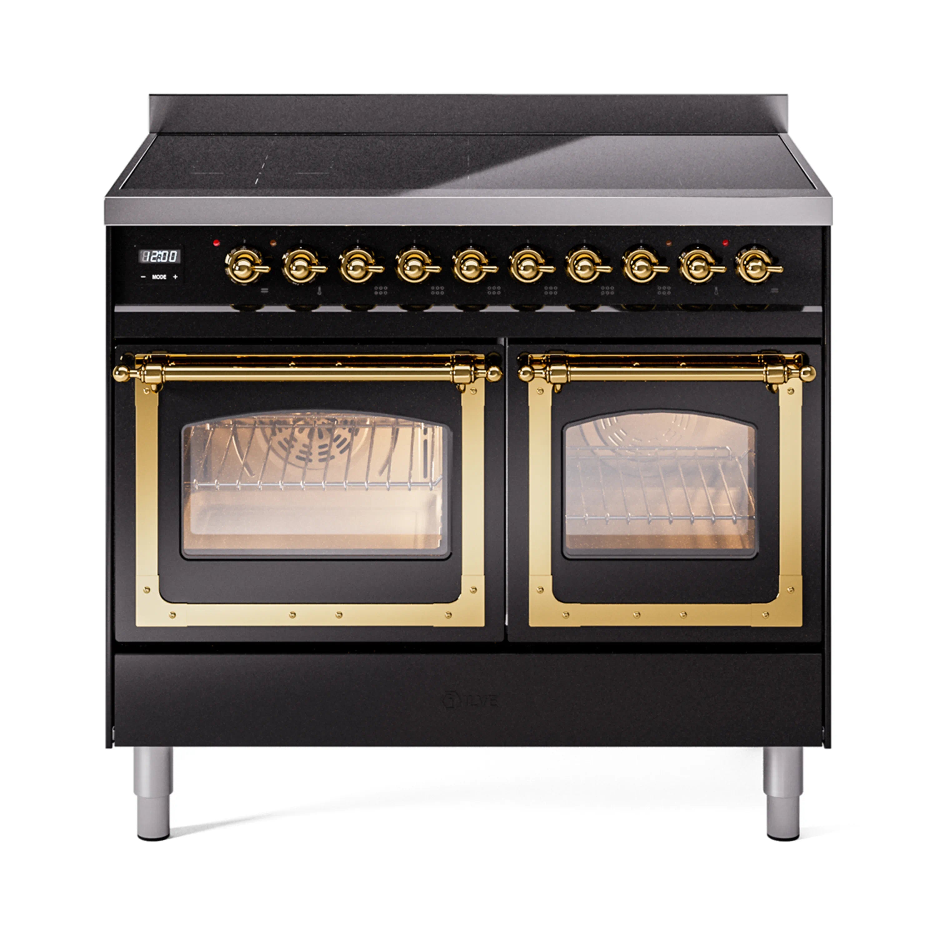 Glossy black induction range with brass trim, both oven glass doors closed and burners row