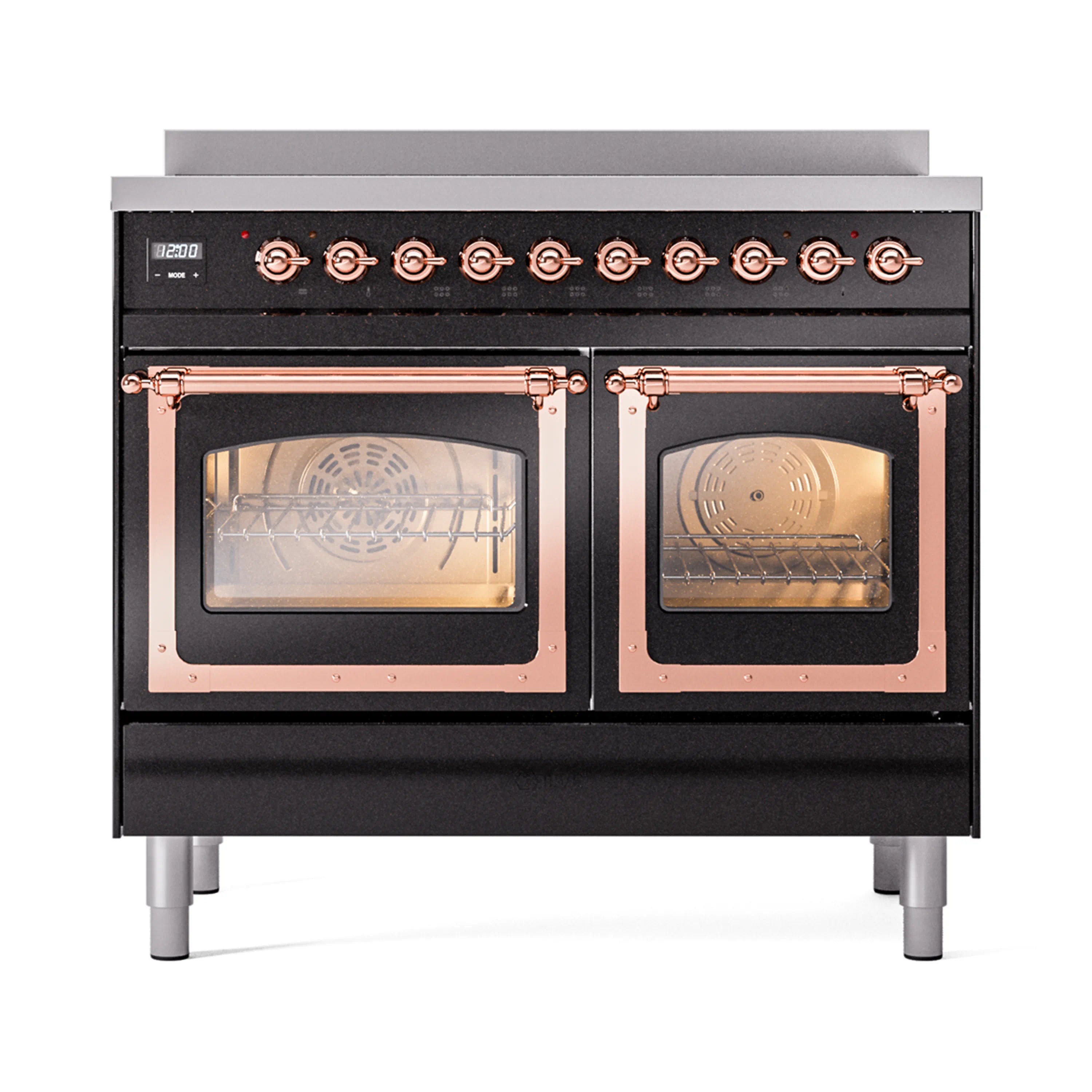 Glossy black induction range with triple glass doors and copper-trim control knobs