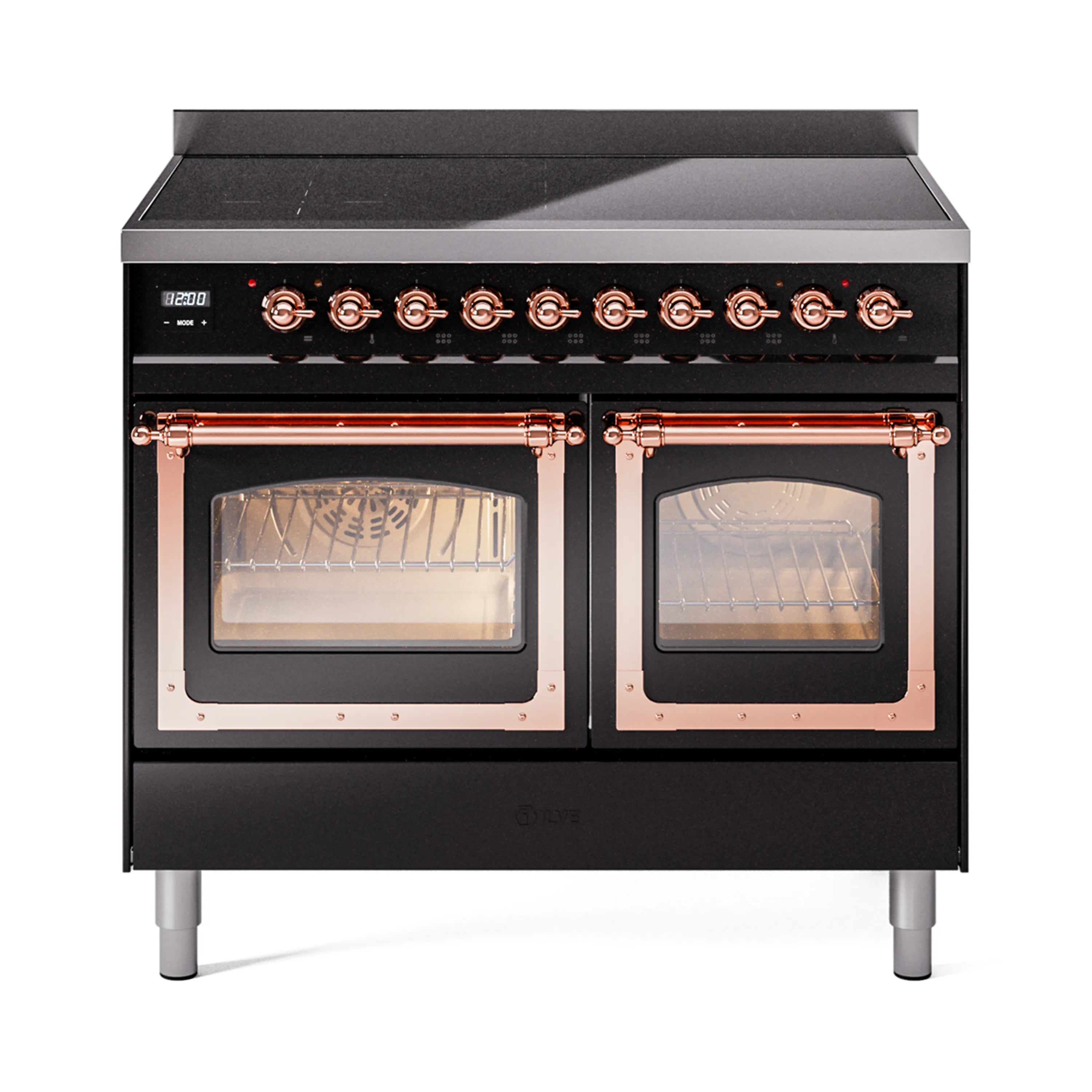 Glossy black induction range with triple glass doors, copper trim, and front control knobs