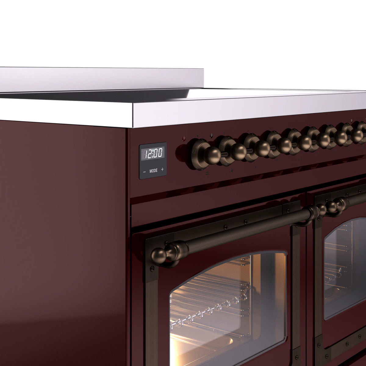 Bronze knob control and oven handle on burgundy induction range