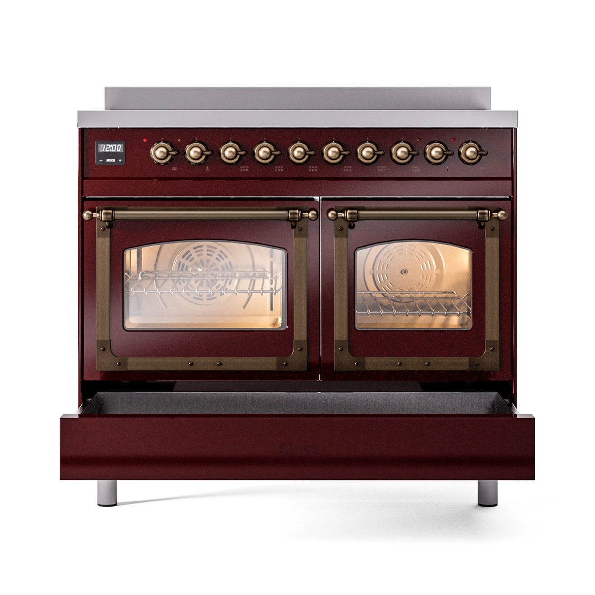 Burgundy induction range with both oven doors open and bronze trim