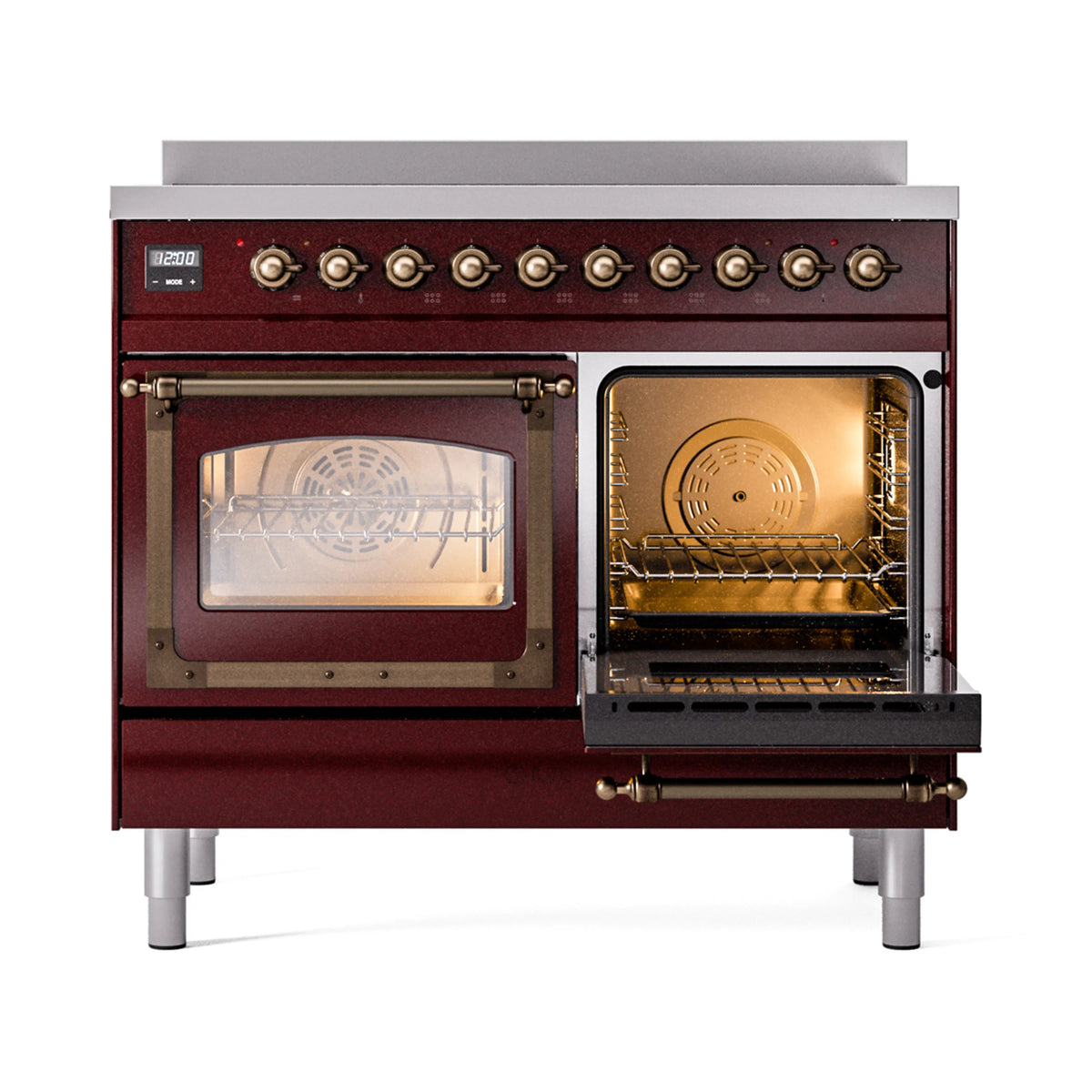 Burgundy induction range with left oven door open and right glass door closed