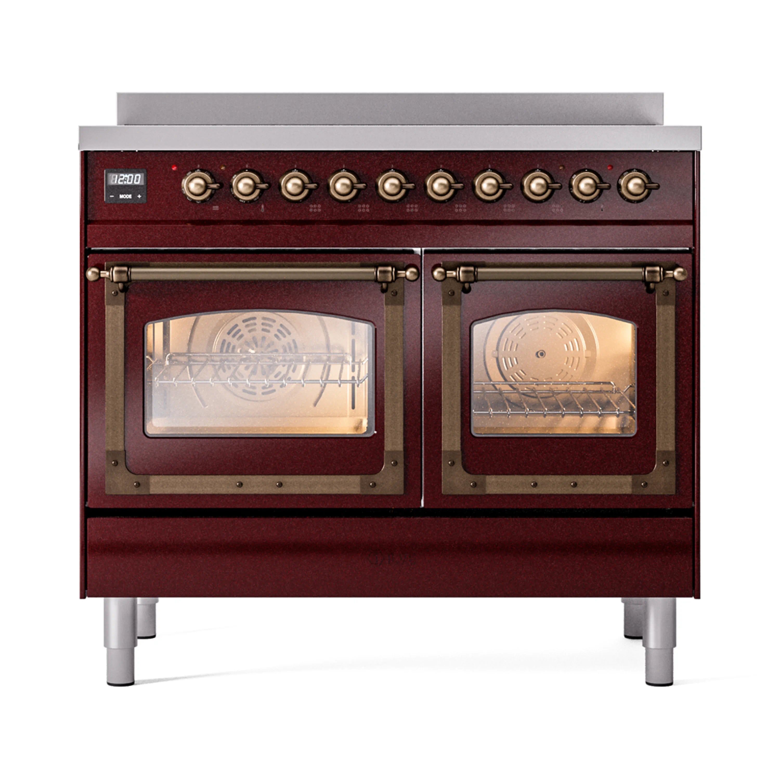 Burgundy induction range with two large glass oven doors open and bronze control knobs