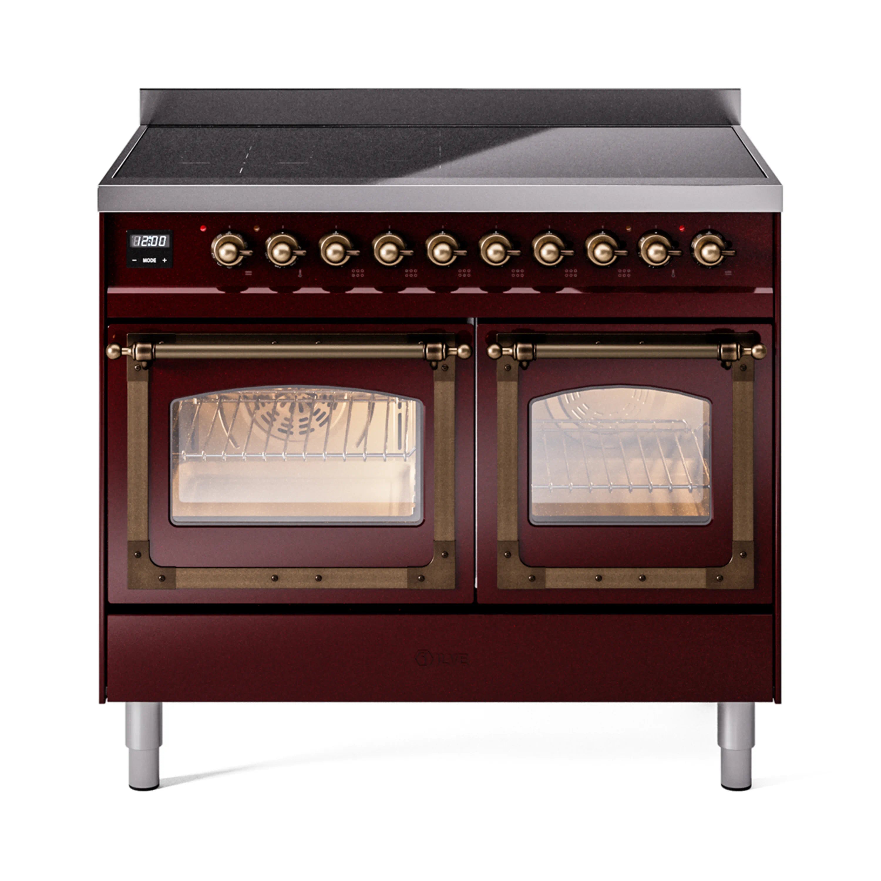 Burgundy induction range with two glass oven doors closed and bronze control knobs