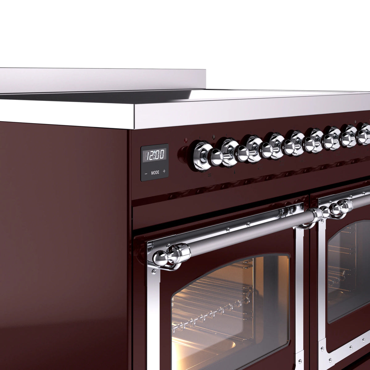 Burgundy range door handle with chrome trim and control knob row above.