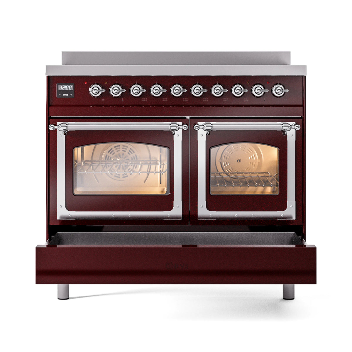 Burgundy induction range with triple glass oven doors, chrome trim, and knob controls.