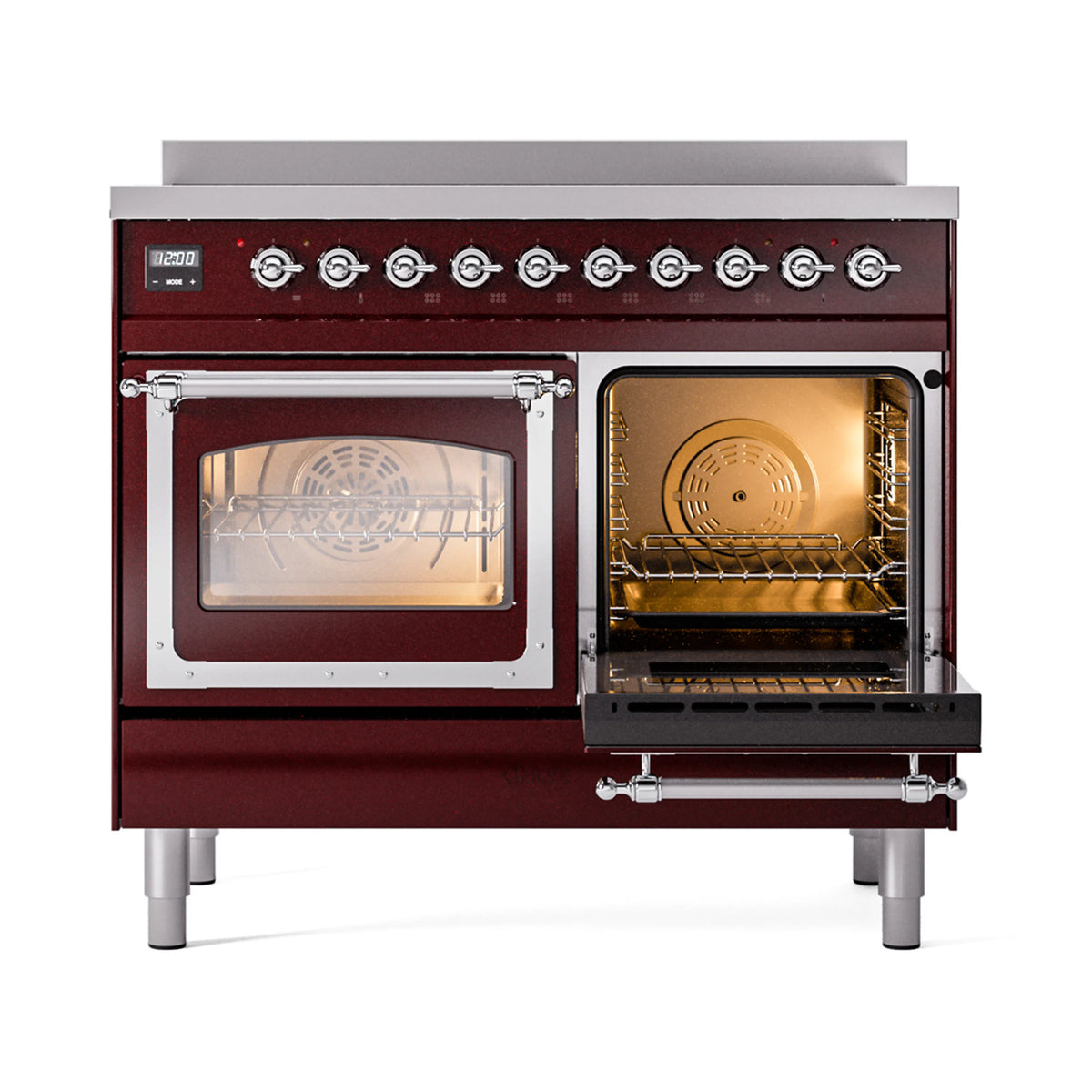 Burgundy induction range with one oven door open, triple glass doors, and chrome handles.