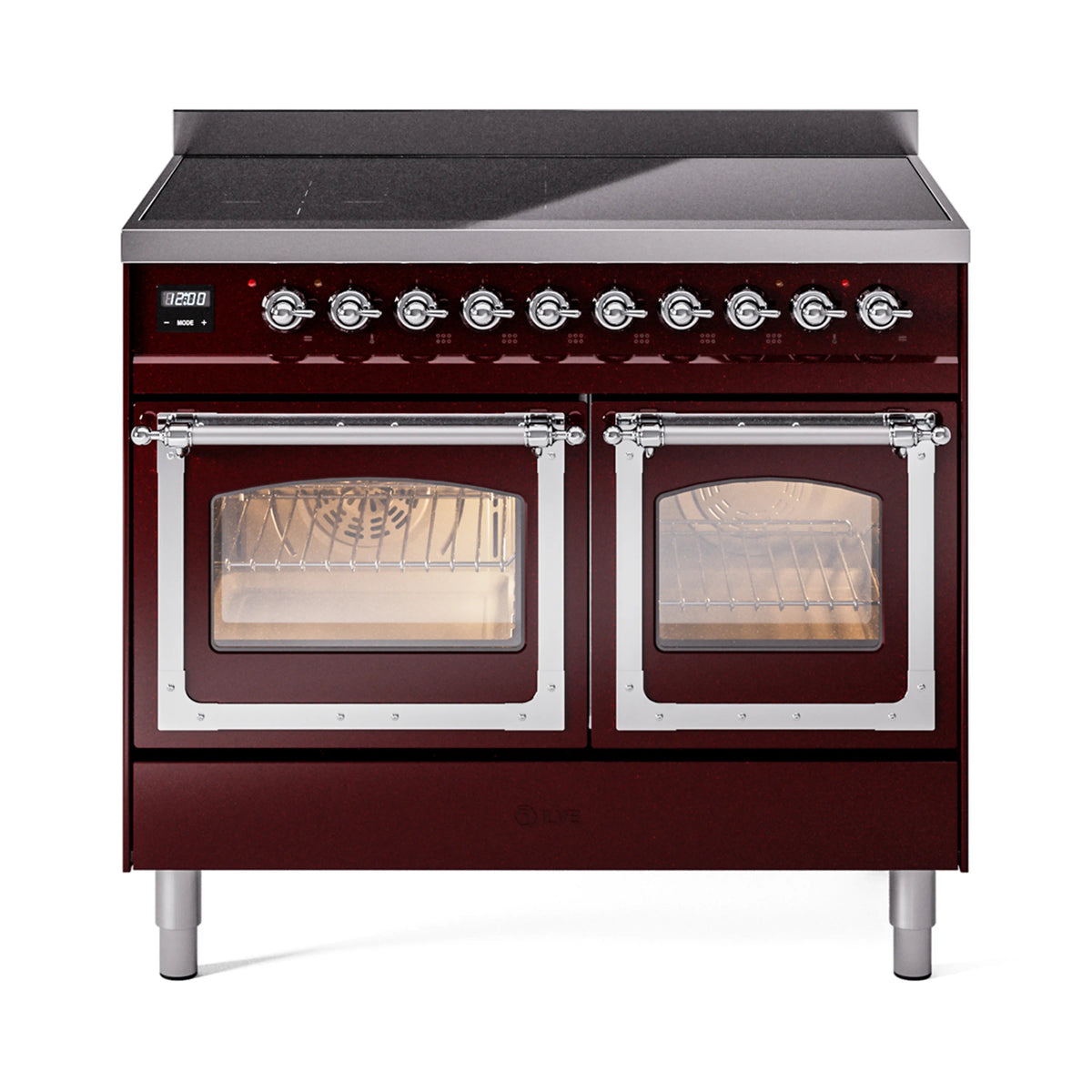 Burgundy induction range front with two oven doors, chrome handles, and knob controls.