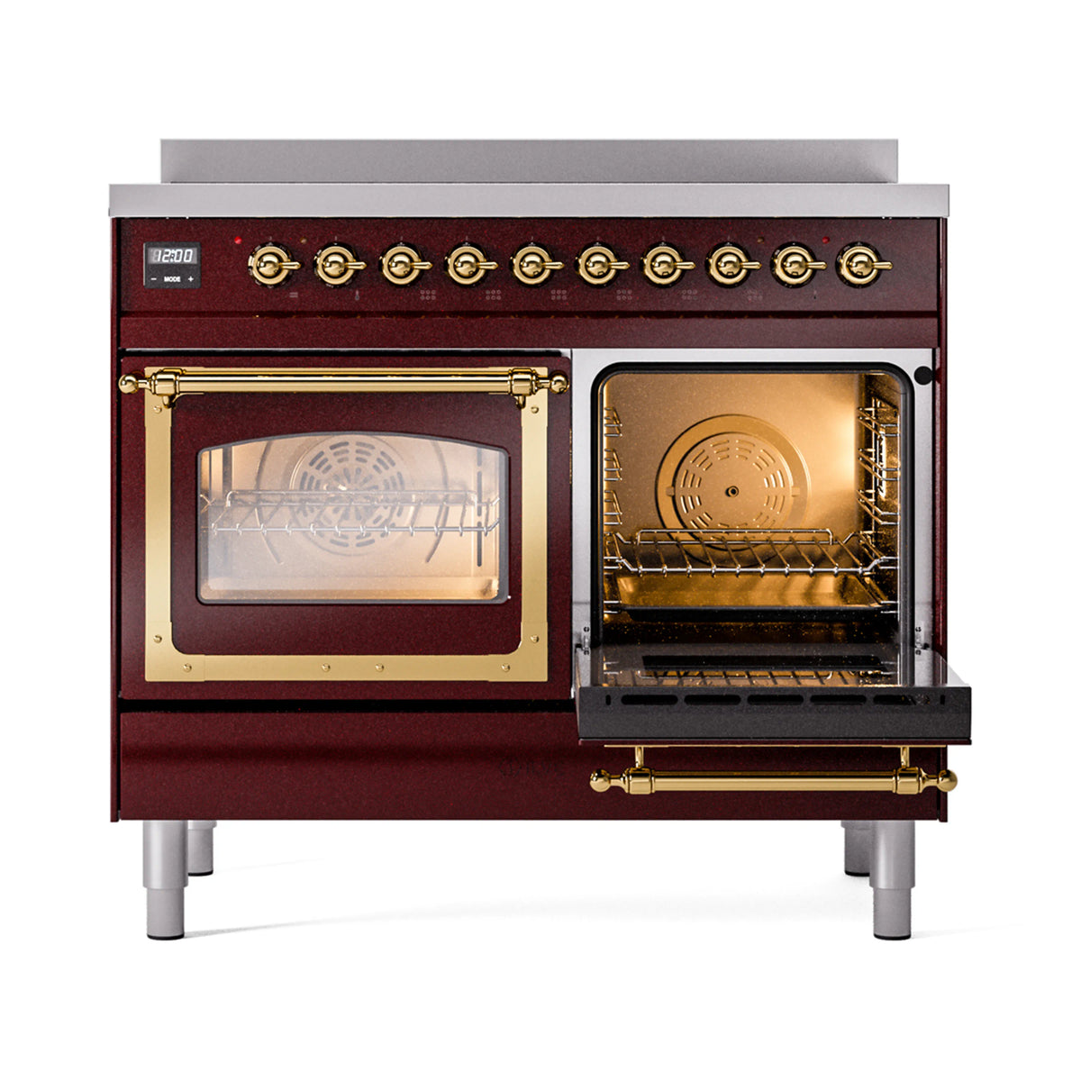 Burgundy induction range with open left oven door and brass trim, front view