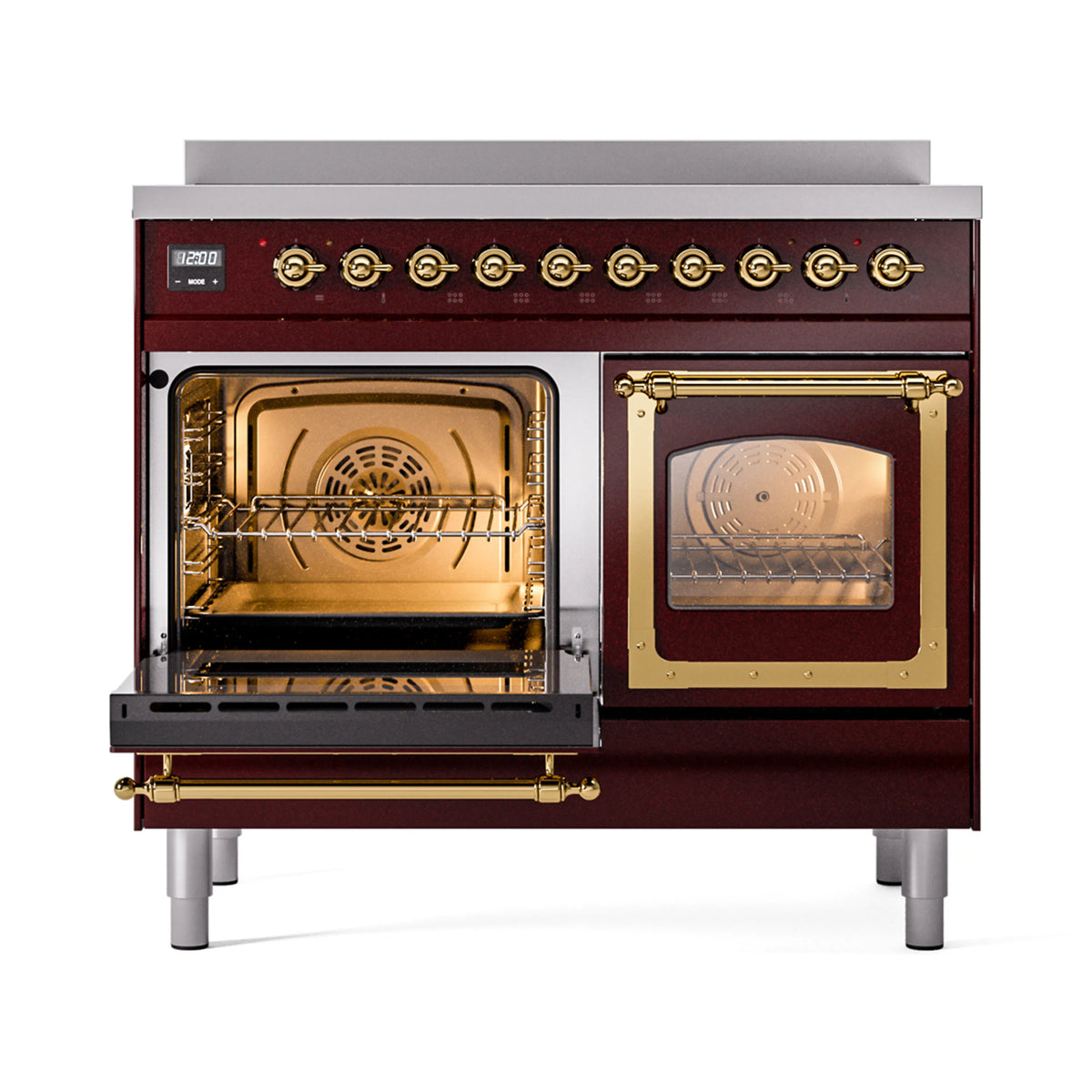 Burgundy induction range with left oven open and right glass door, brass interior