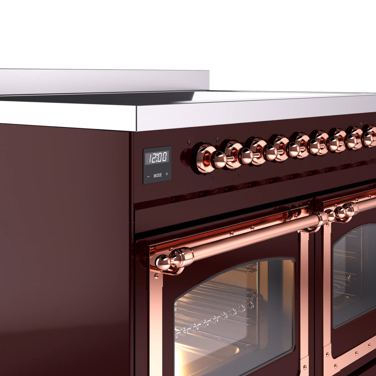 Burgundy range side view with copper control knobs and oven door handle rails
