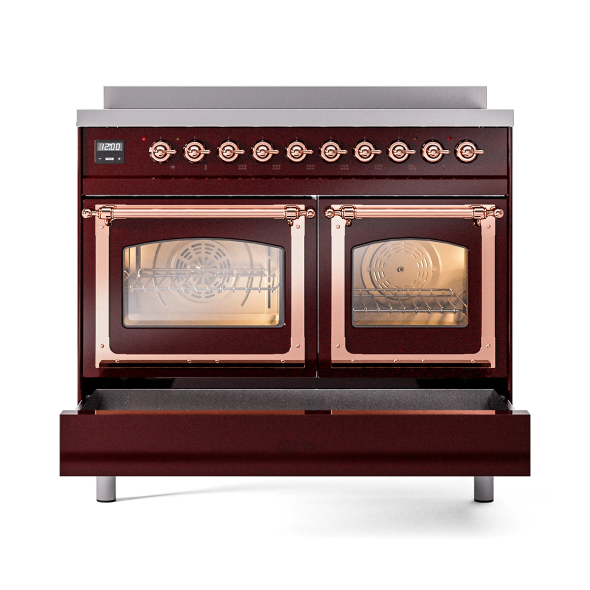 Burgundy induction range with twin oven doors, copper trim, and triple glass fronts