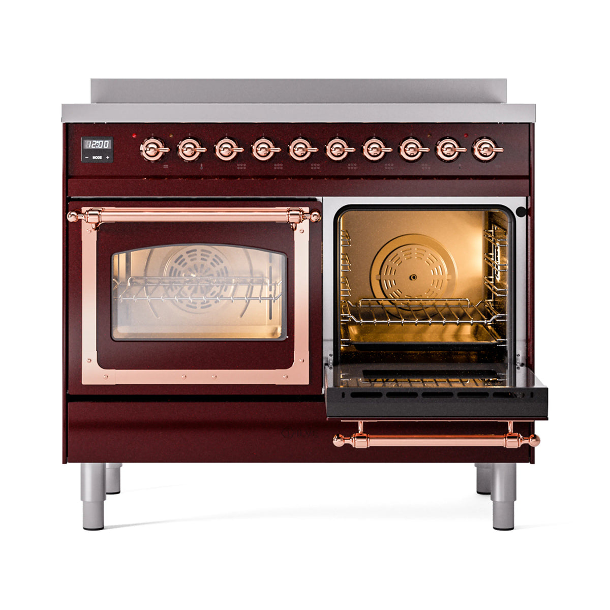 Induction range with left oven door open, copper rails and wire rack inside