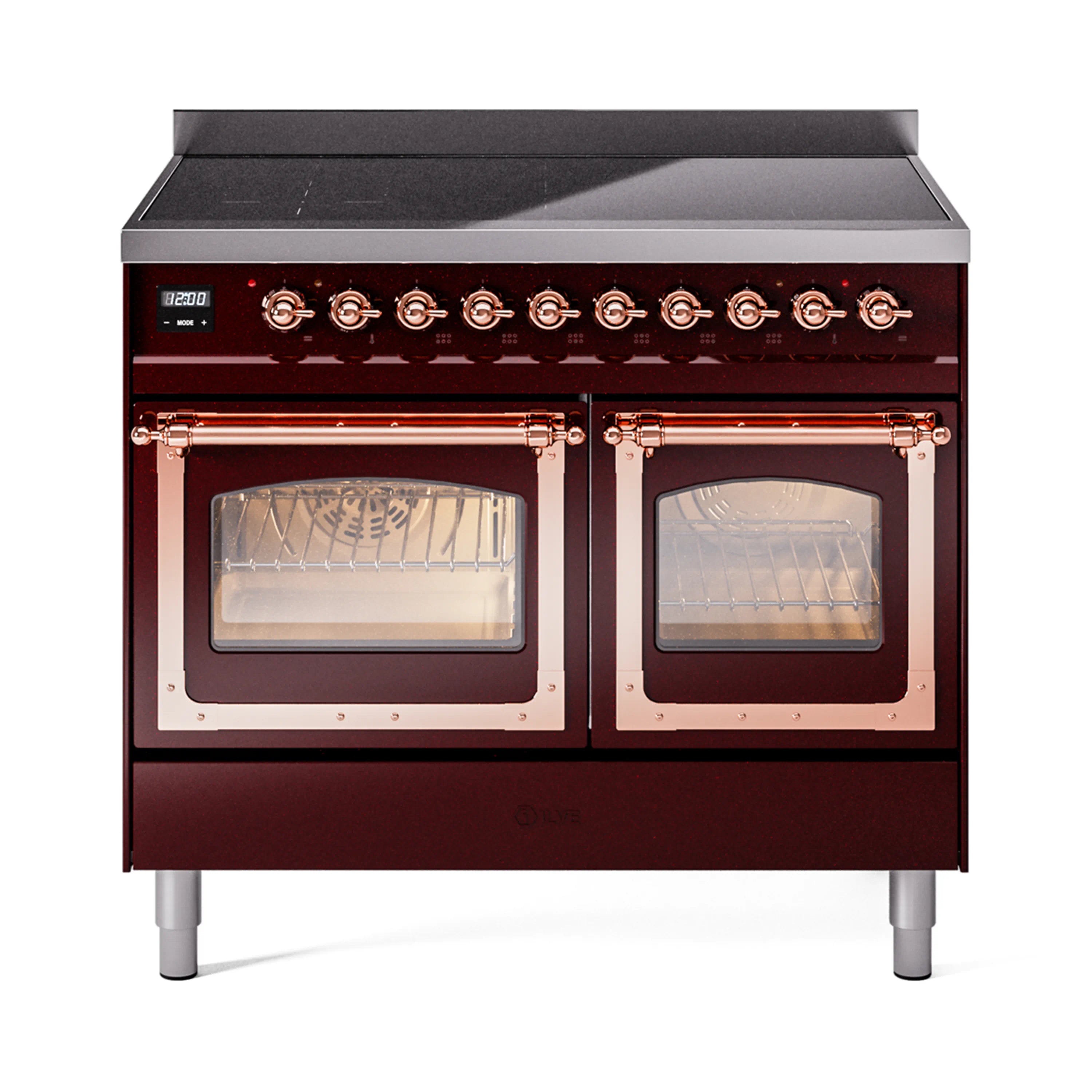 Burgundy induction range with copper trim, triple glass oven doors and control knobs