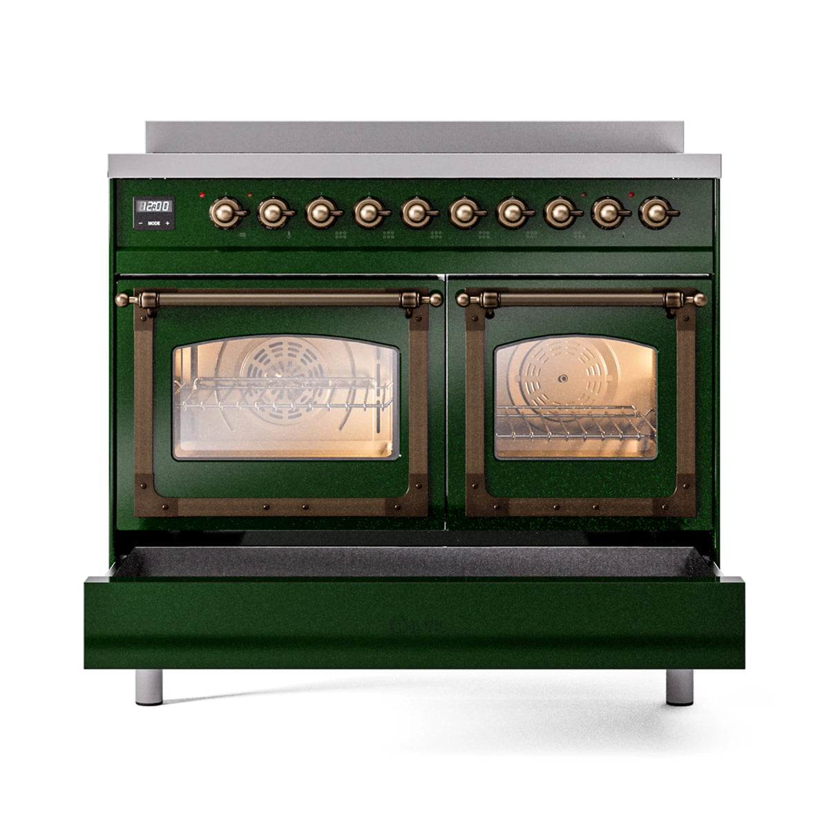 Emerald green induction range with bronze trim, double glass oven doors, and metal handles