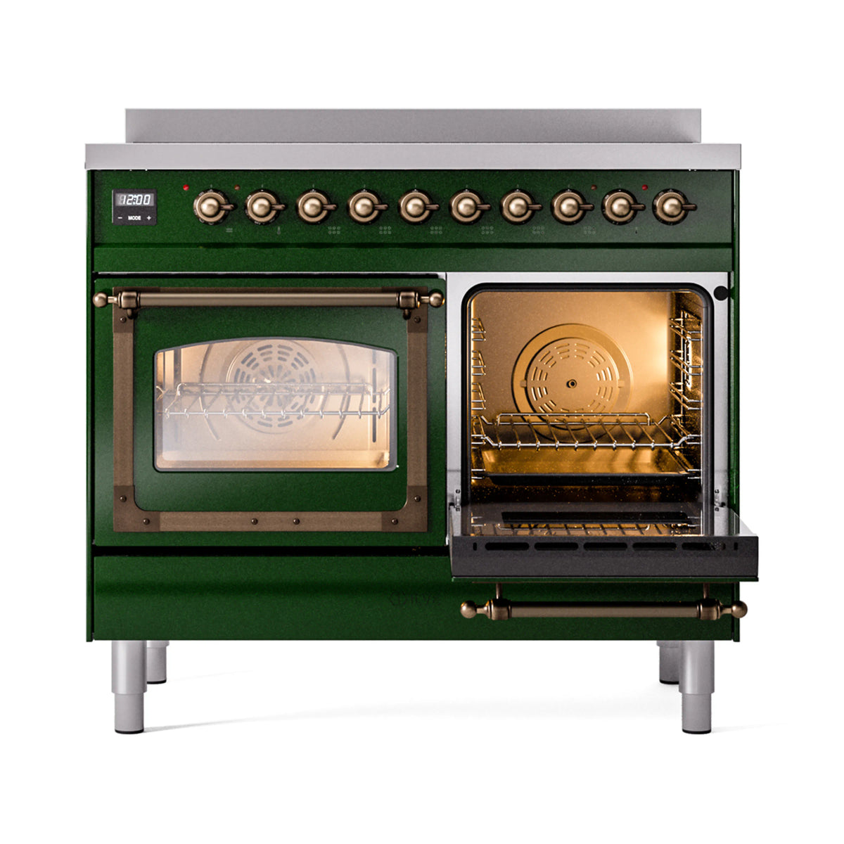 Emerald green induction range with one oven door open, showing racks inside