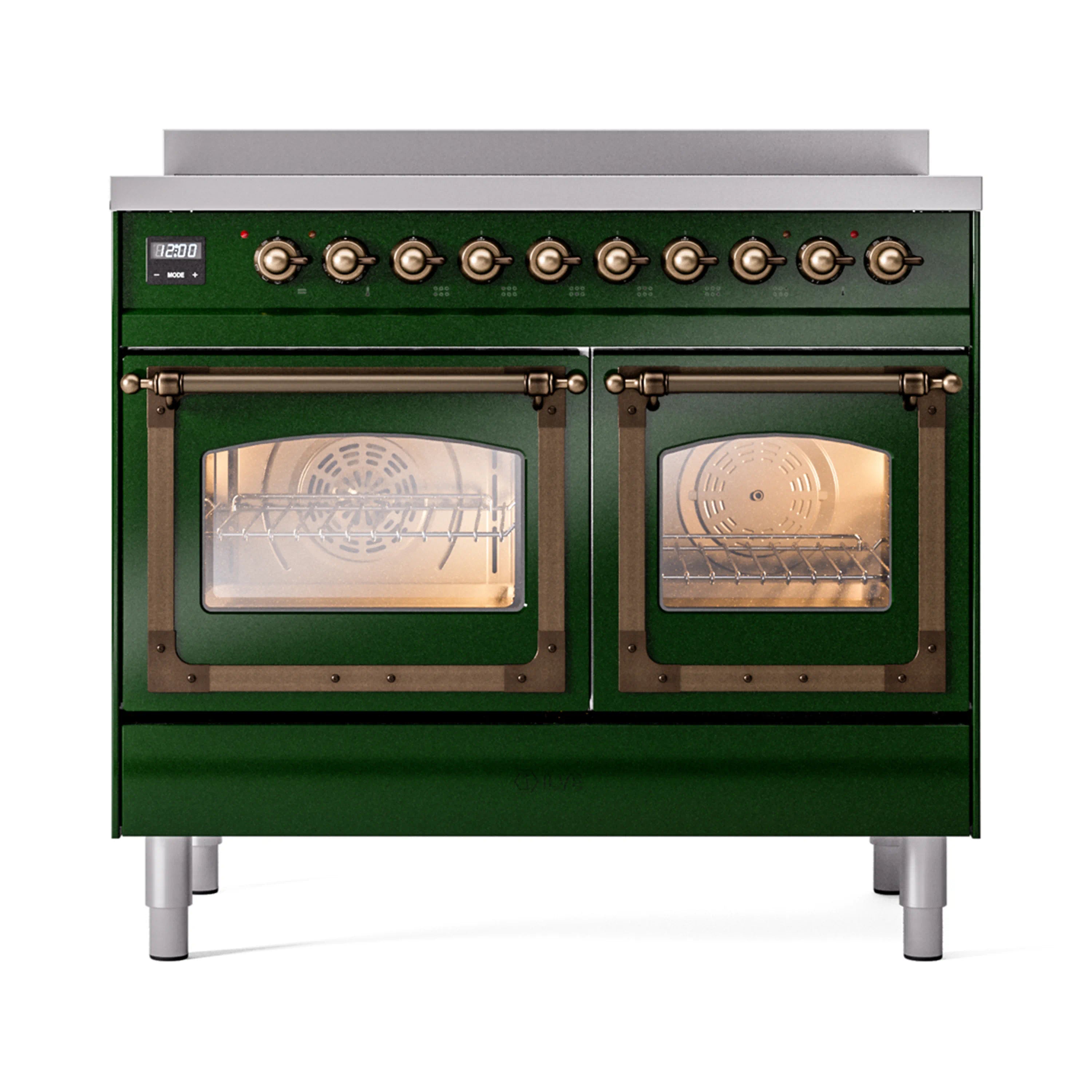 Emerald green induction range with bronze knobs, dual glass doors, and central control display