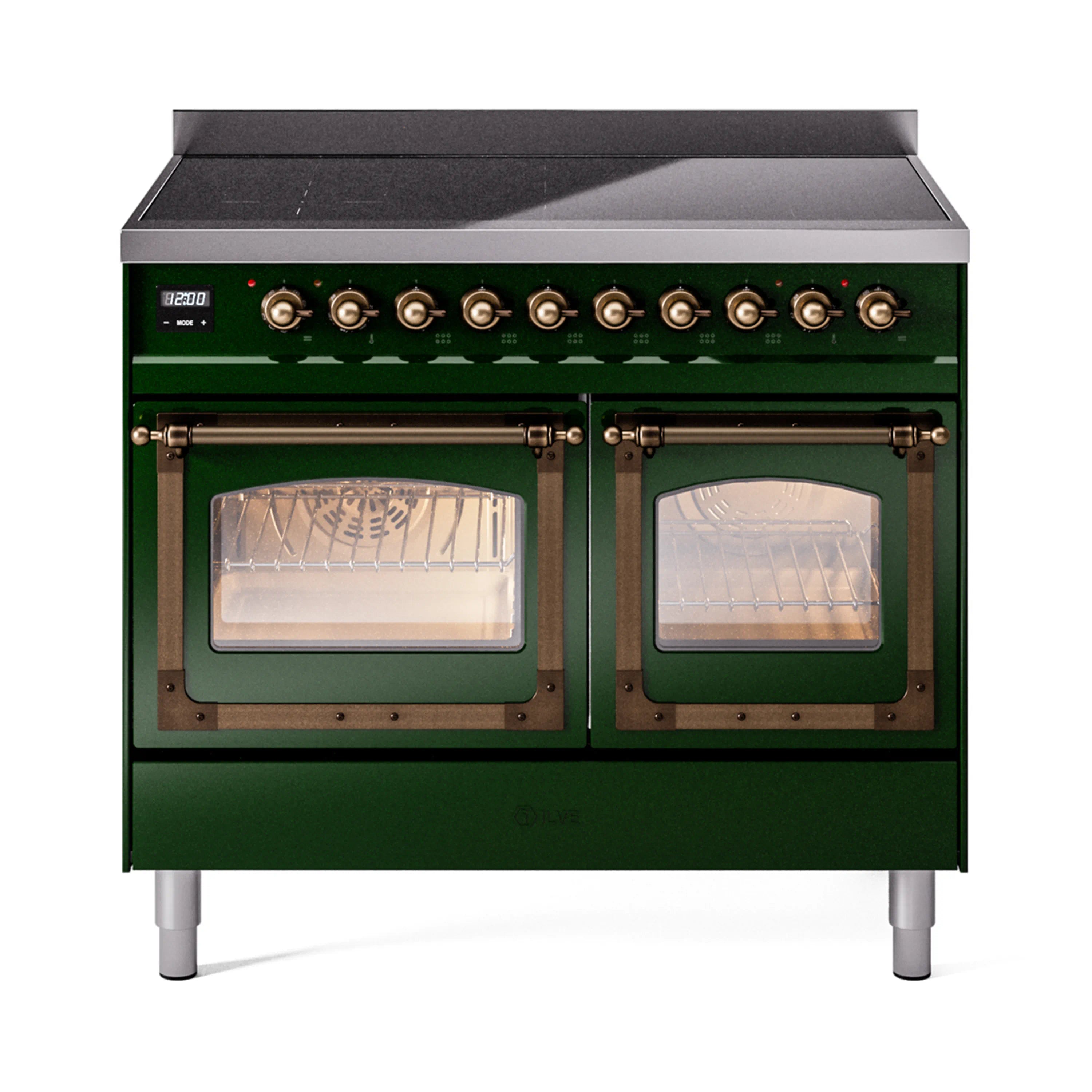 Emerald green induction range with bronze knobs and two glass oven doors, warming display window
