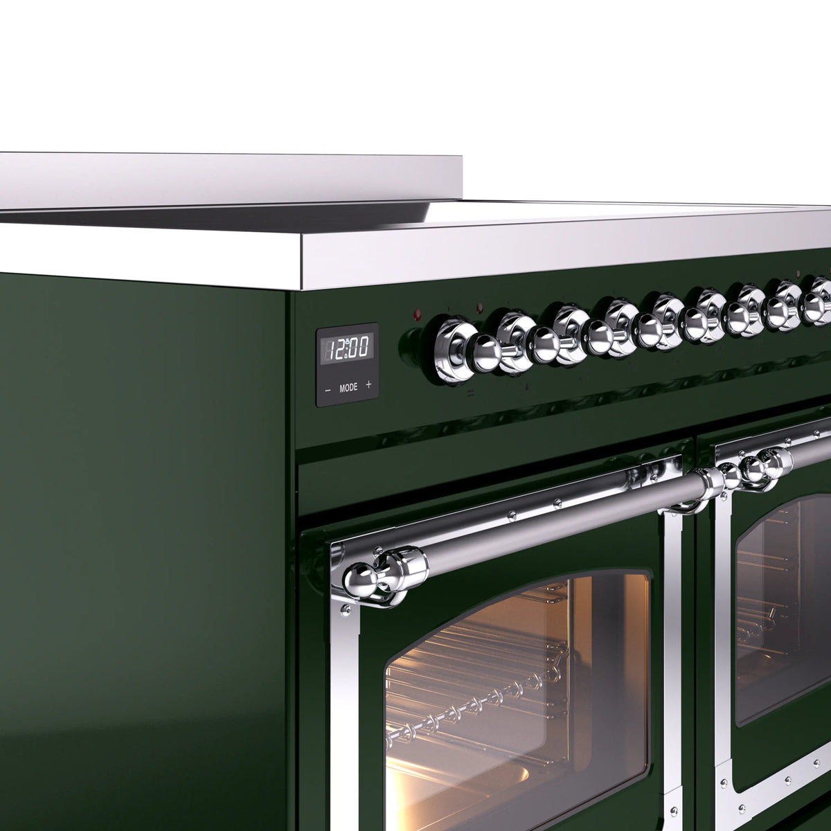 Chrome control knobs on emerald green range beside oven door with racks inside