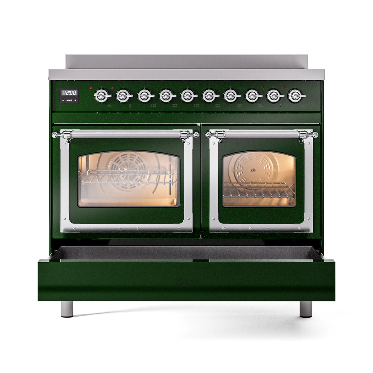 Emerald green induction range with chrome trim, both oven doors open with racks