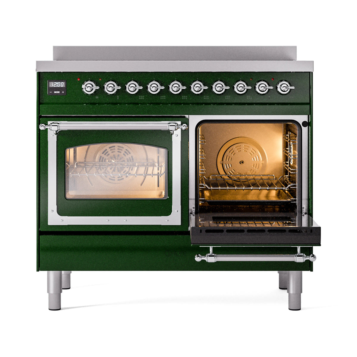 Emerald green induction range with chrome trim, one oven door open showing racks