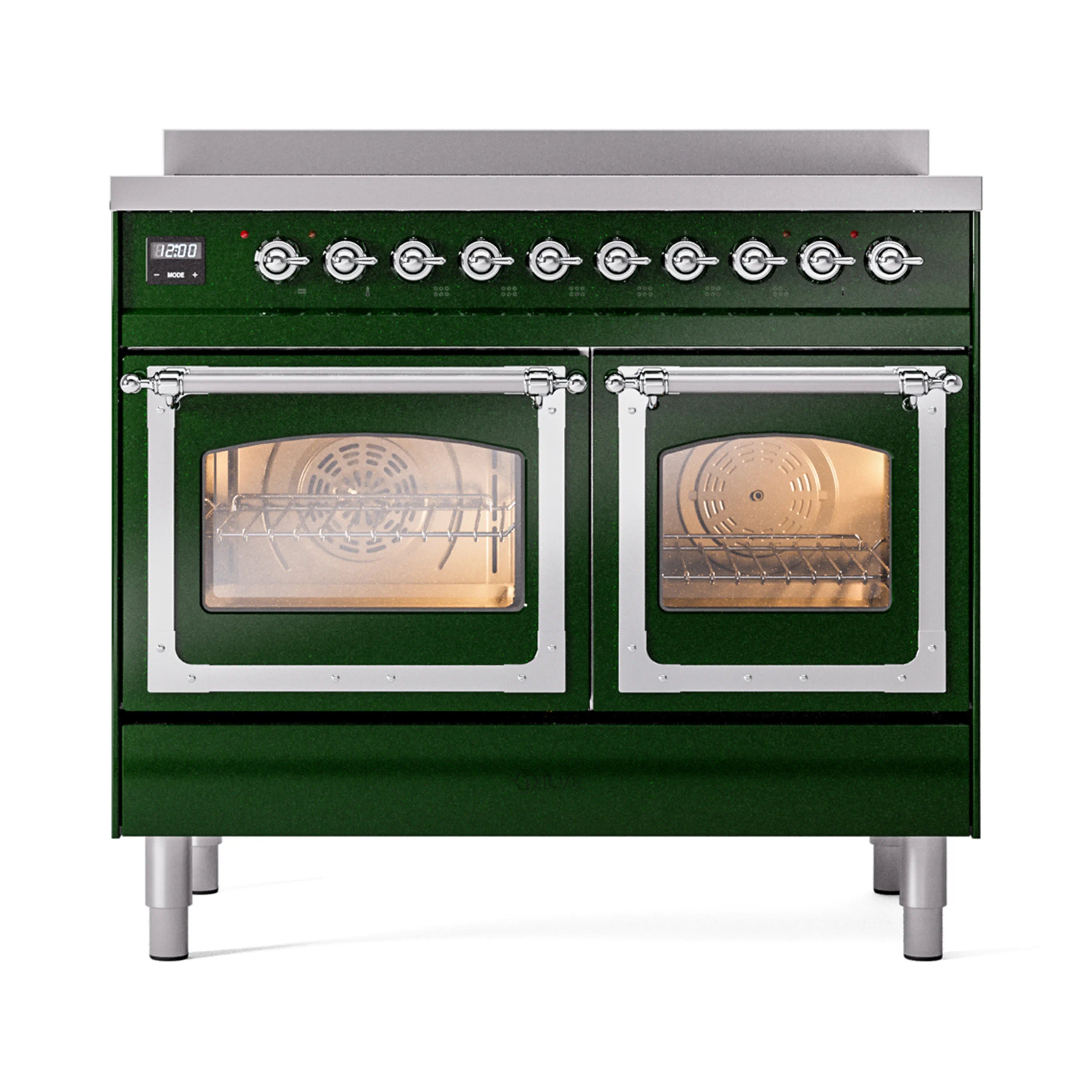 Emerald green induction range with chrome trim, twin oven doors with glass windows
