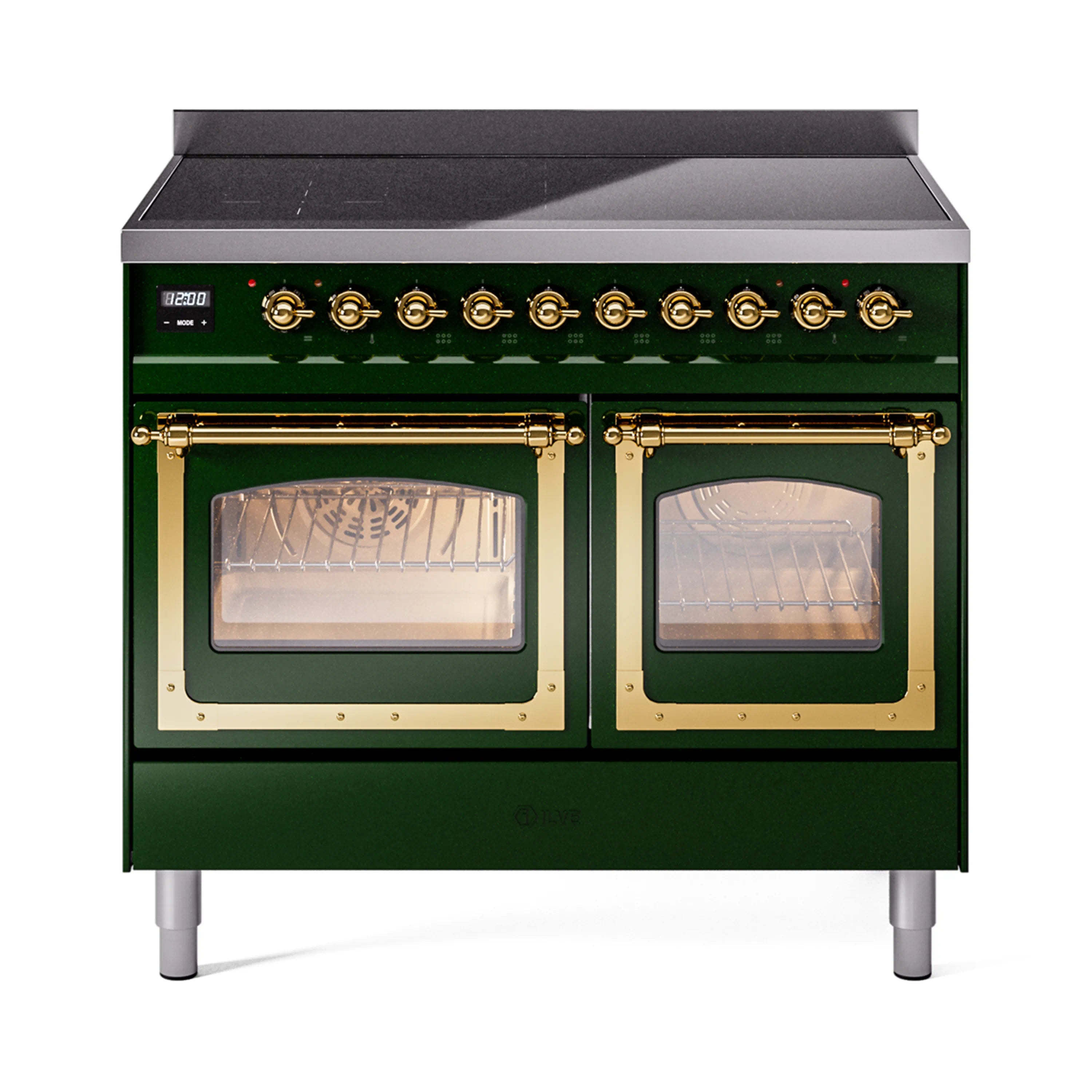 Emerald green range with brass trim, two glass oven doors, and black cooktop controls