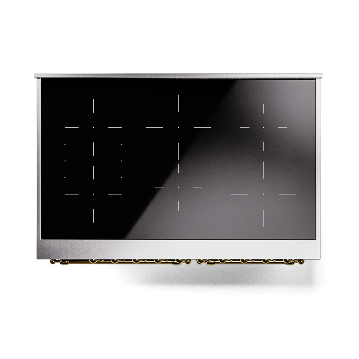 Stainless range panel with black window and dotted layout, framed by brass-accented edge