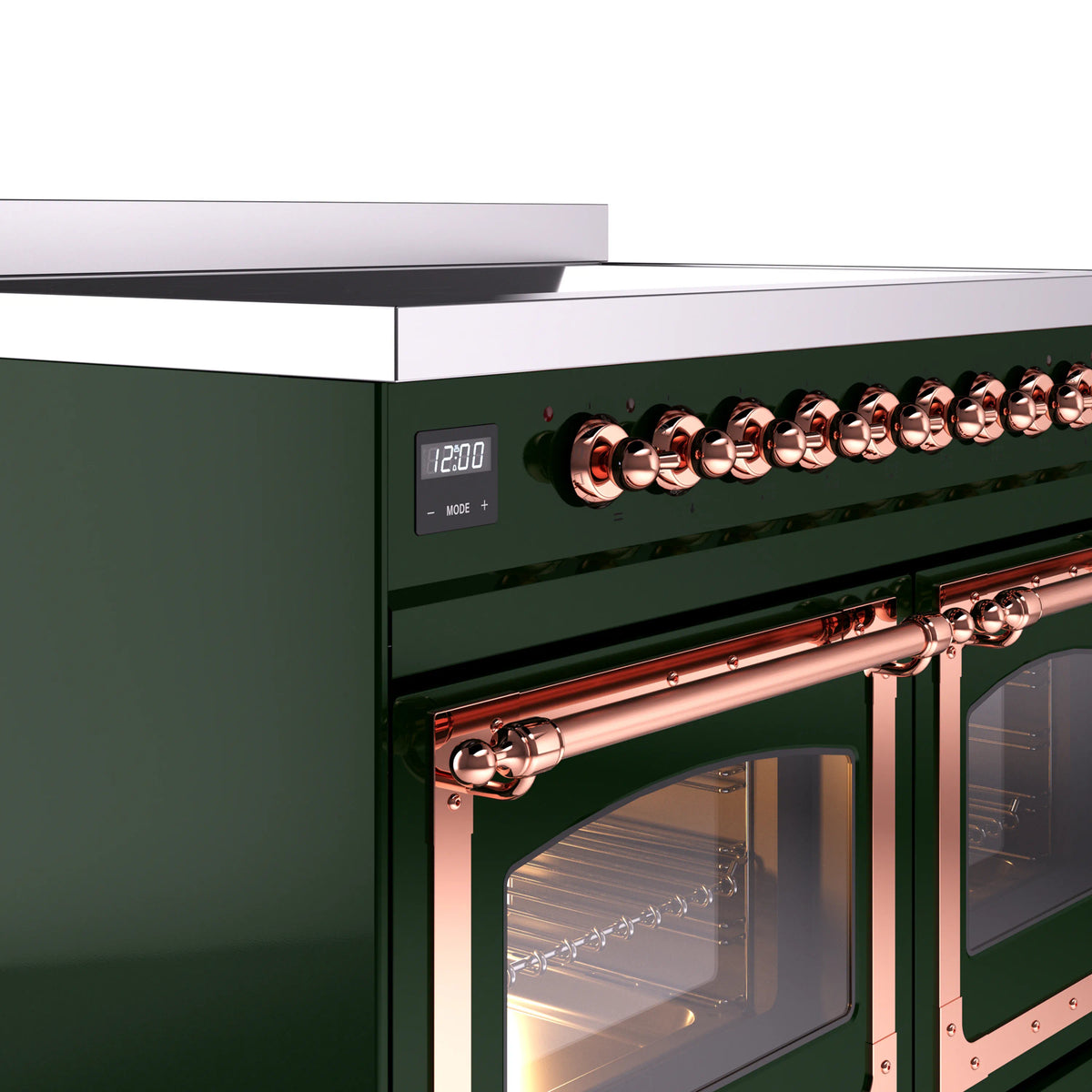 Copper control knobs and trim on emerald induction range, close-up
