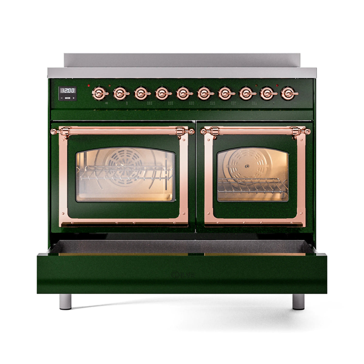 Emerald green induction range with copper trim, front view with twin glass oven doors