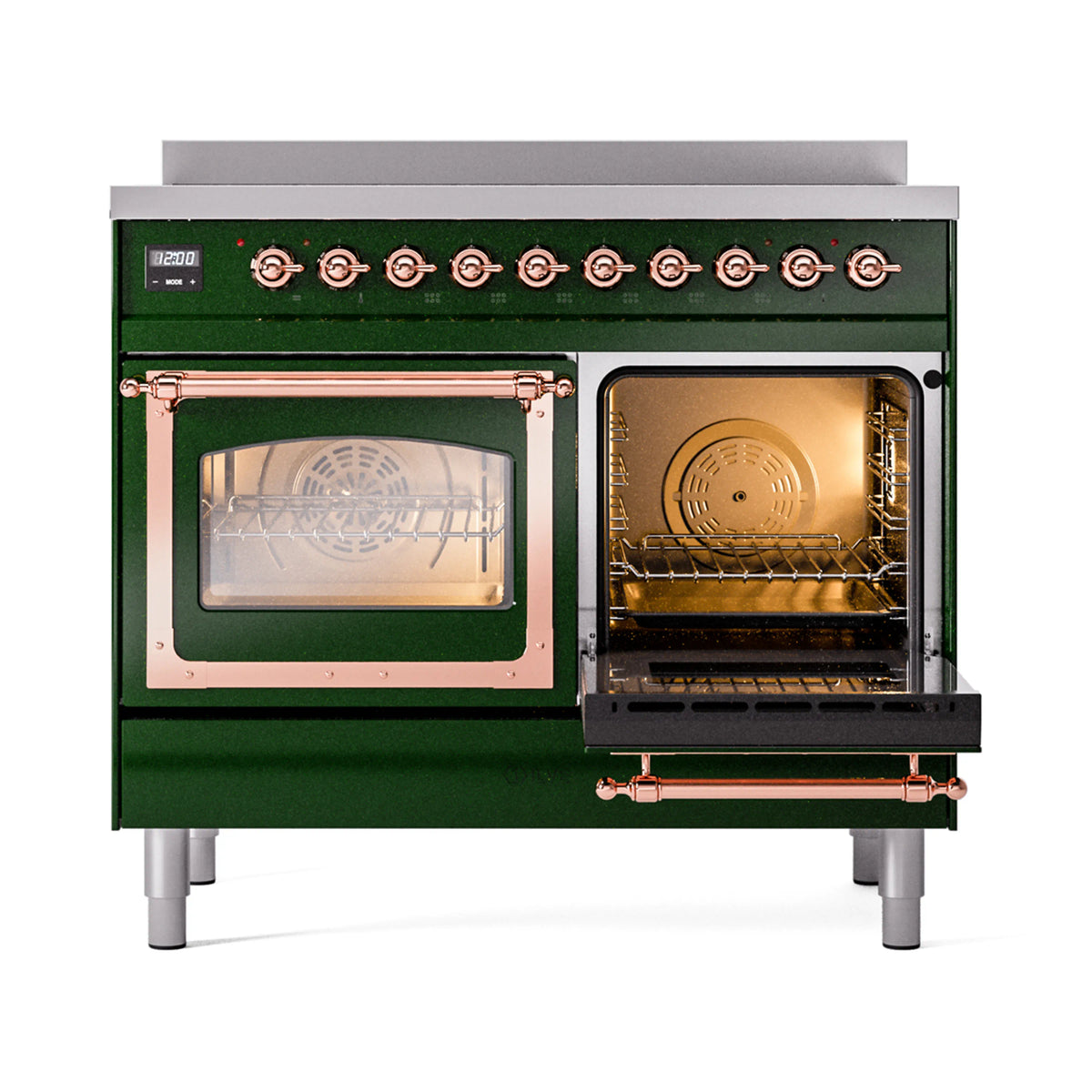 Emerald green induction range with copper trim, right oven door open with racks
