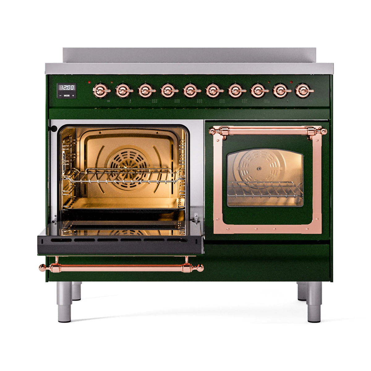 Emerald green induction range with copper trim, left oven door open with racks
