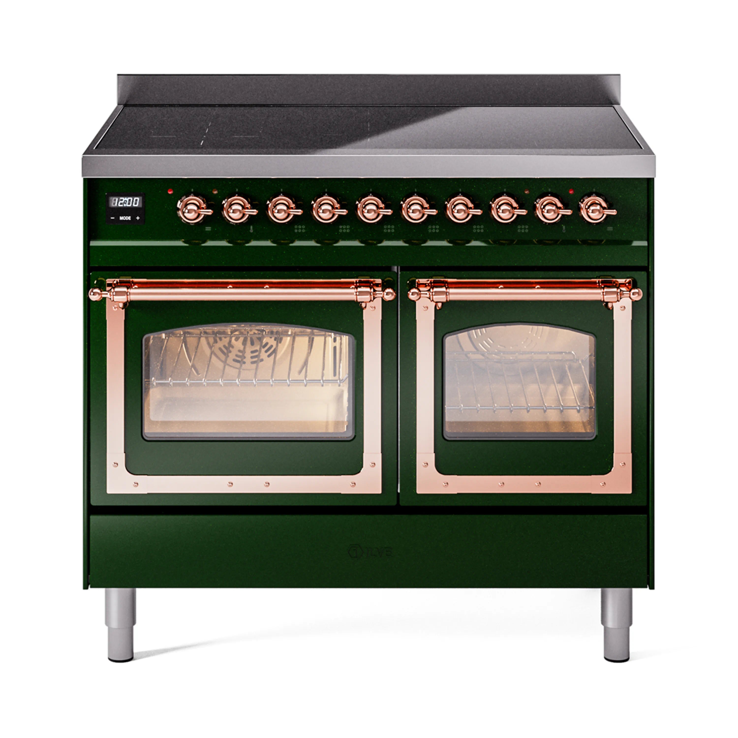 Emerald green induction range with copper trim, two oven doors with glass windows