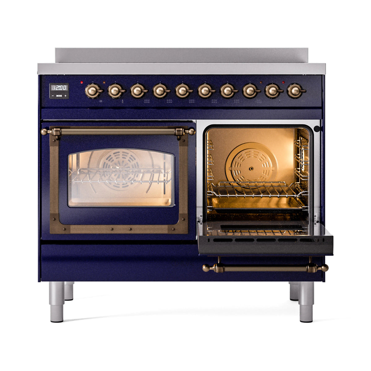 Midnight blue induction range with one open oven door, illuminated interior, bronze trim