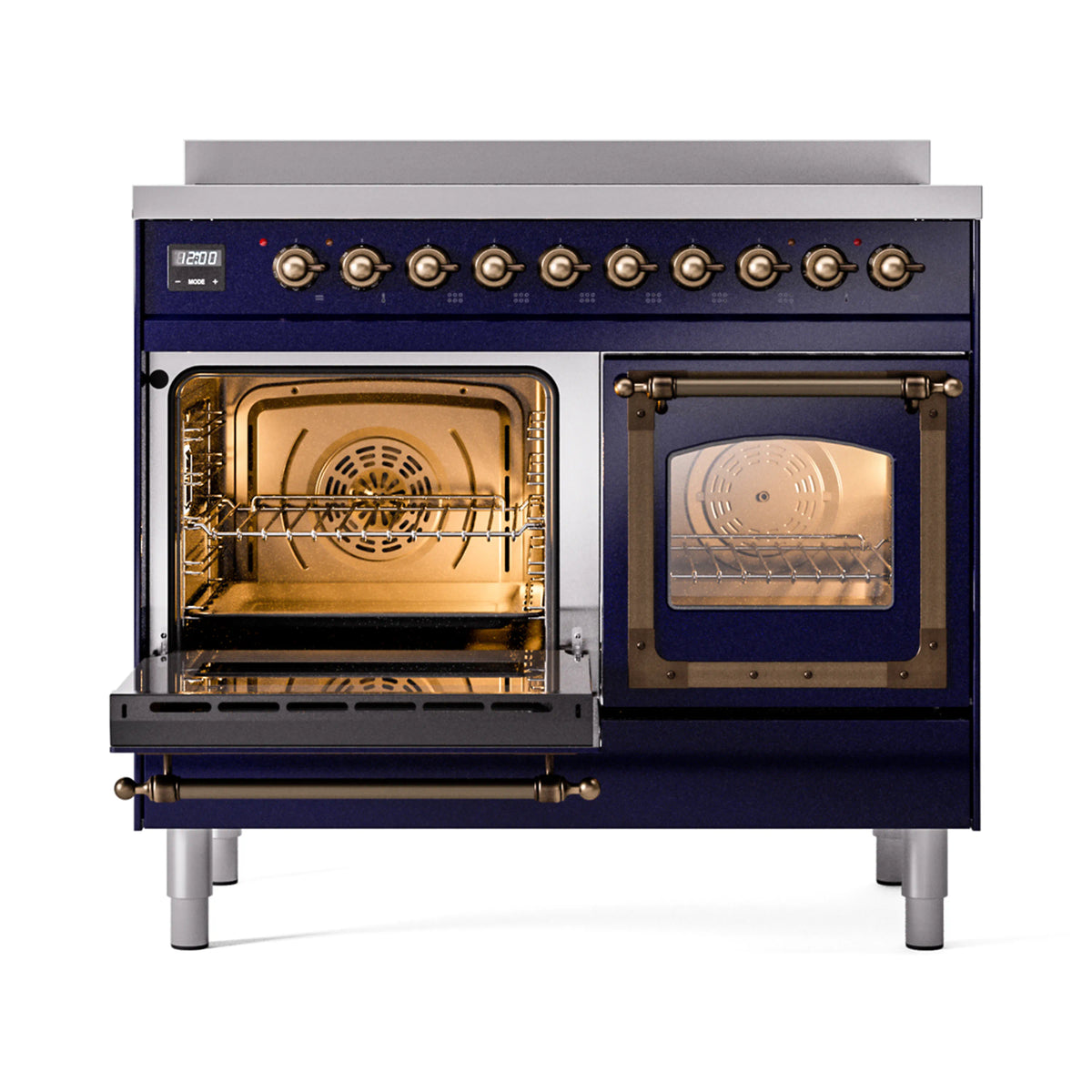Midnight blue induction range with both oven doors open, racks inside, bronze control knobs