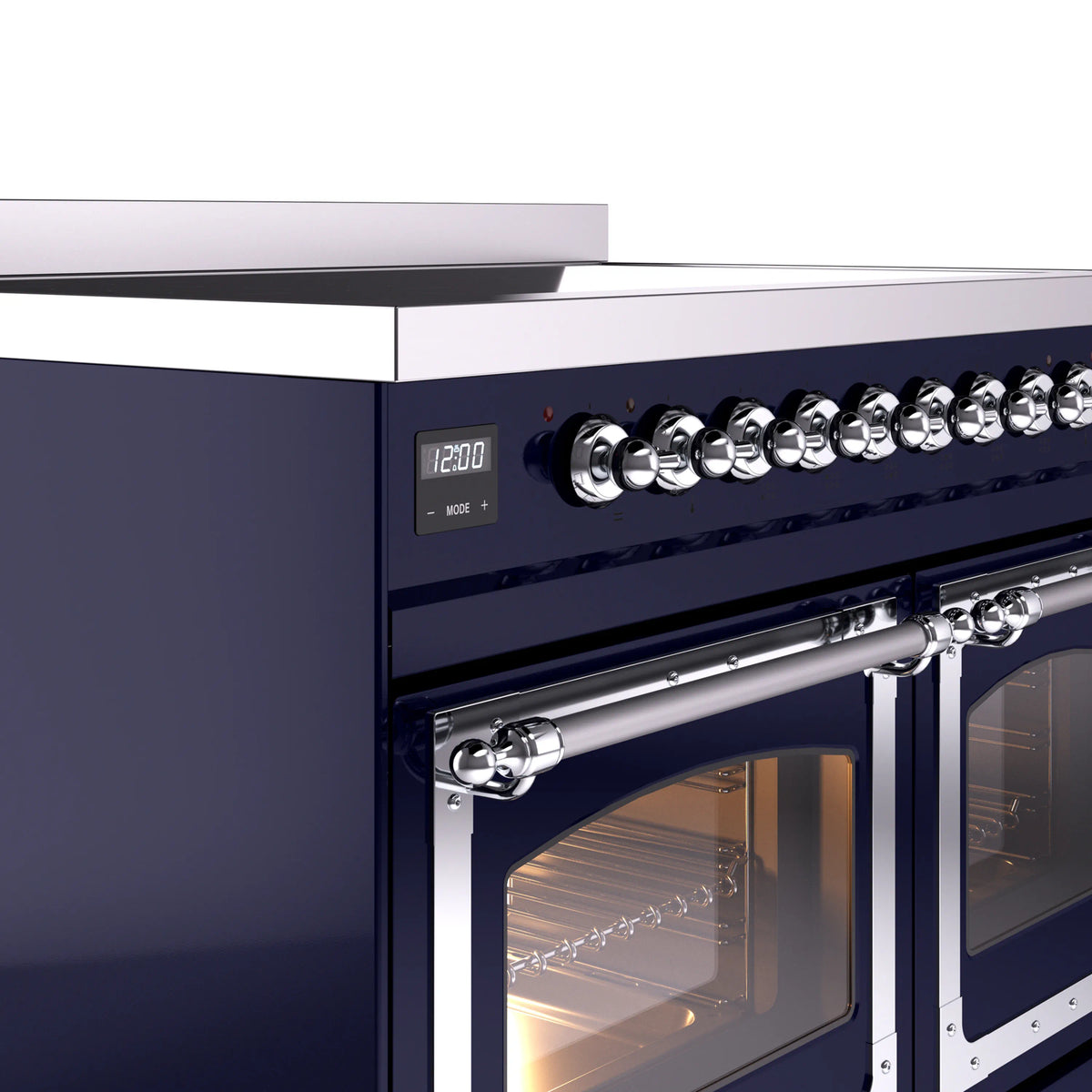 Midnight blue induction range with chrome control knobs and oven door handle