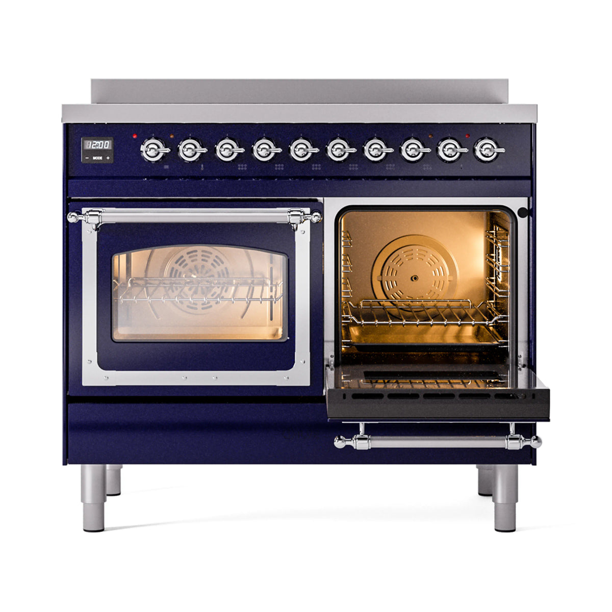 Induction range with one open oven door, one closed door, and chrome trim
