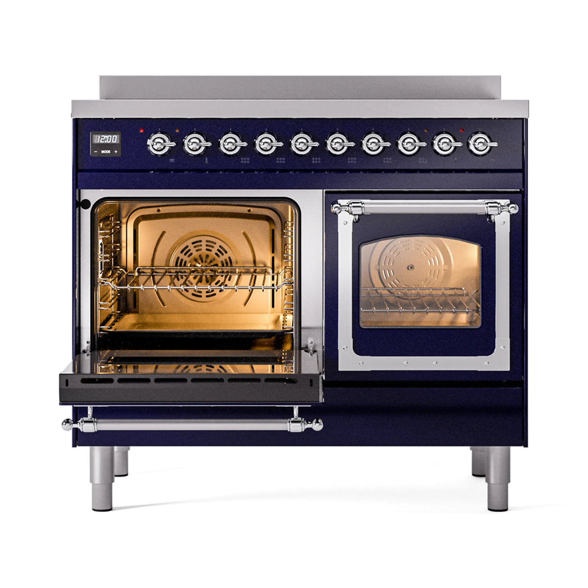 Midnight blue induction range with chrome trim, two open oven doors showing racks