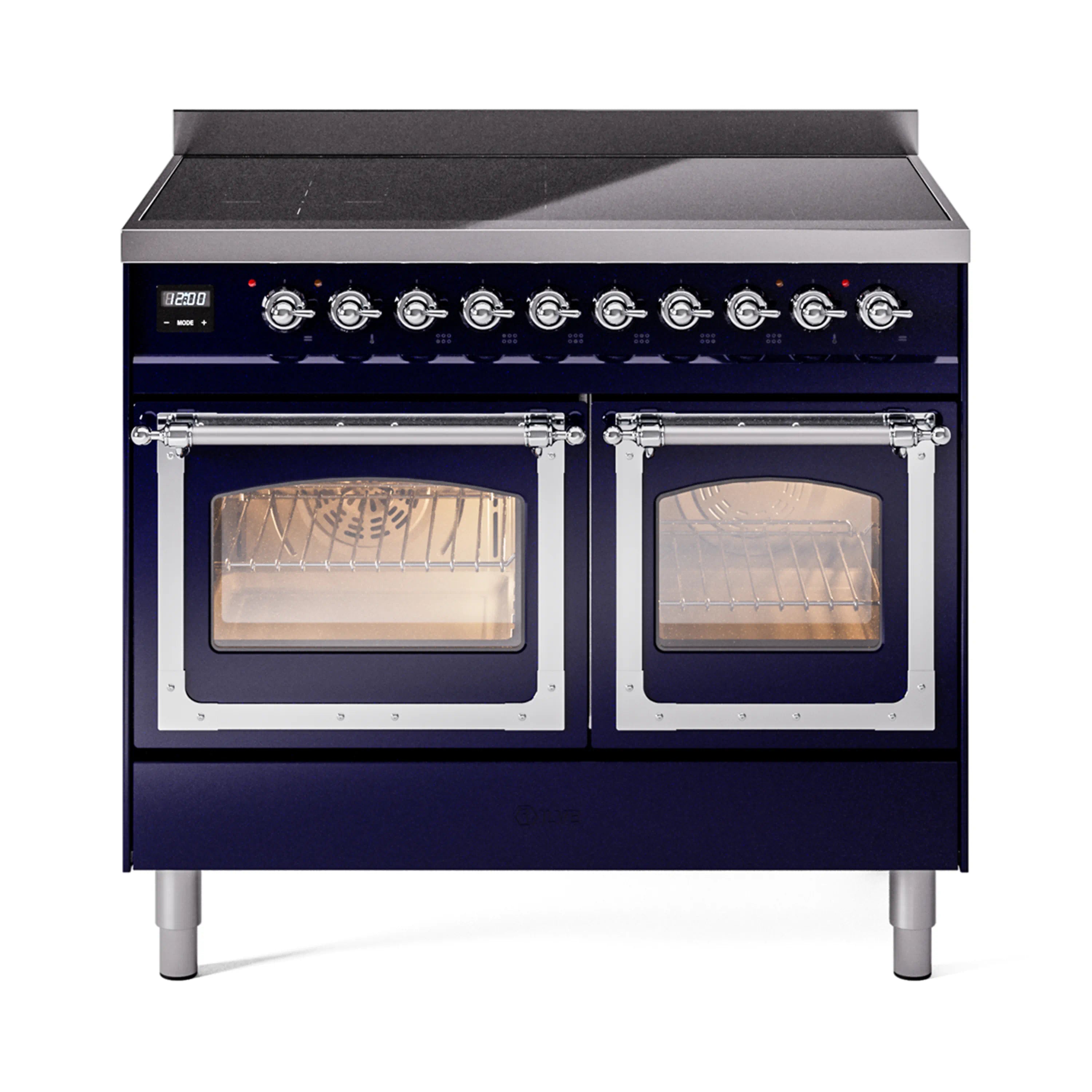 Midnight blue induction range with chrome control knobs and two open oven windows