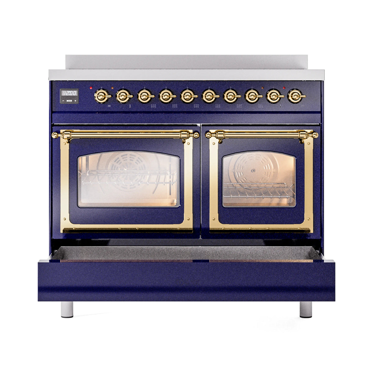 Midnight blue range front with two oven windows and brass-trim control knobs