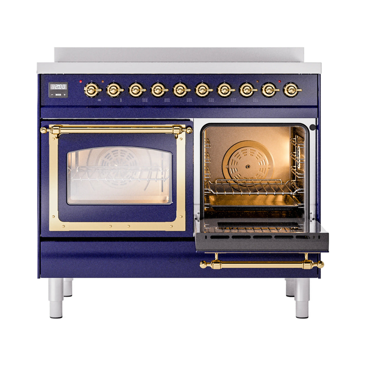Midnight blue range with two oven doors open, showing racks and interior lighting