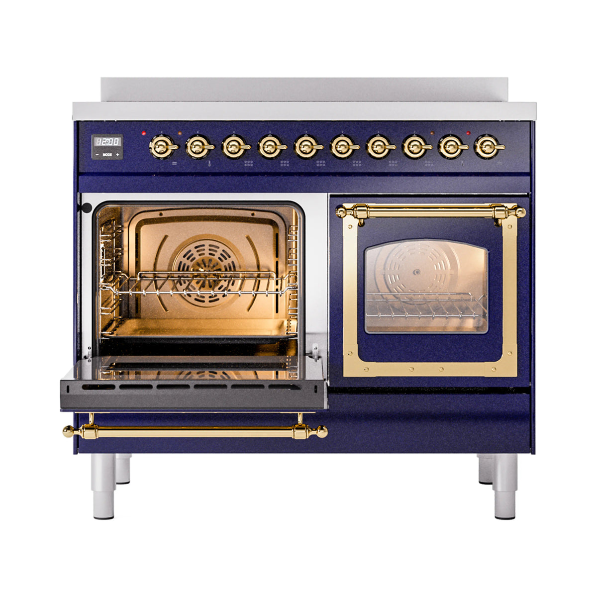 Midnight blue double oven with one door open and brass frame, showing fan