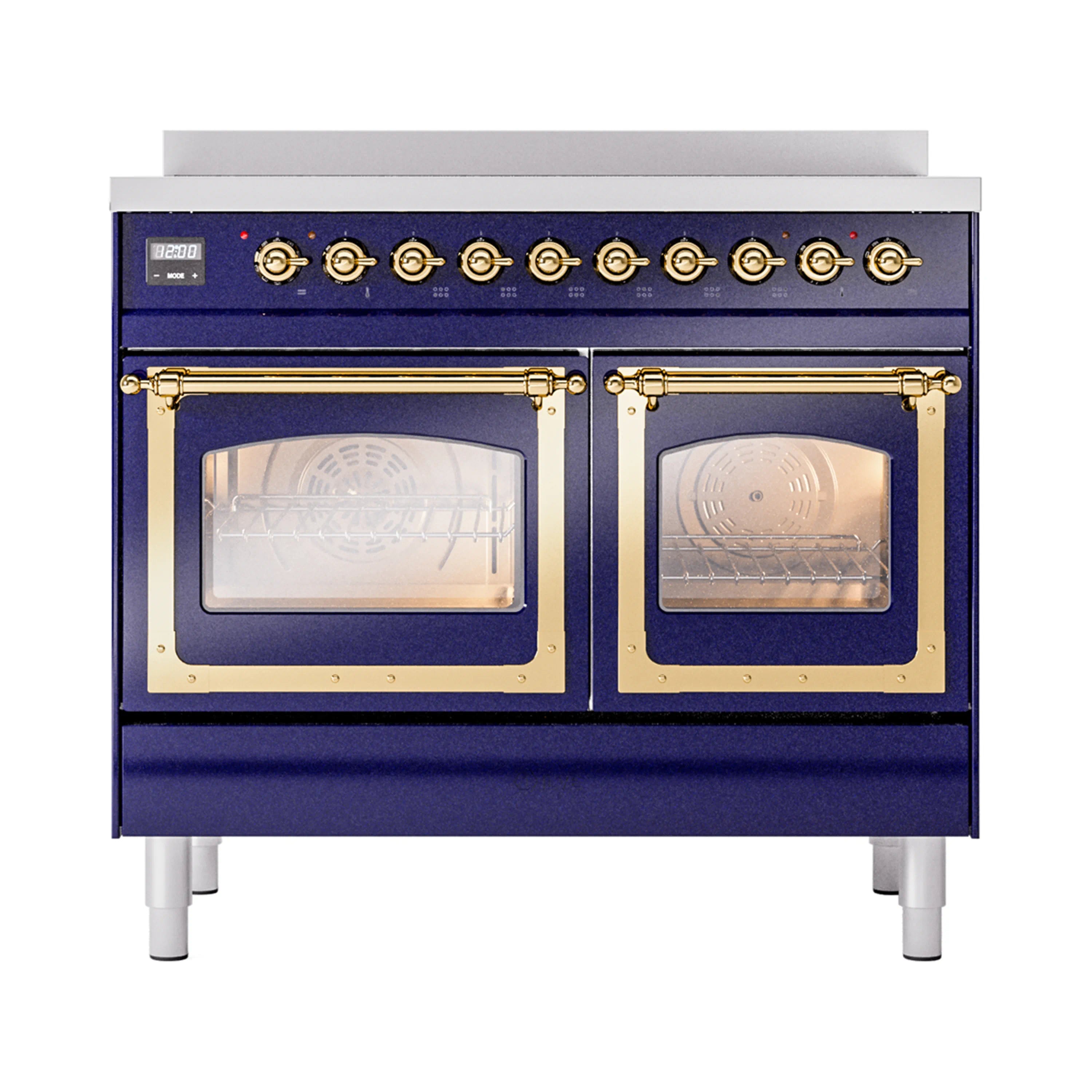 Midnight blue double oven front with two glass oven doors and brass-trim handles